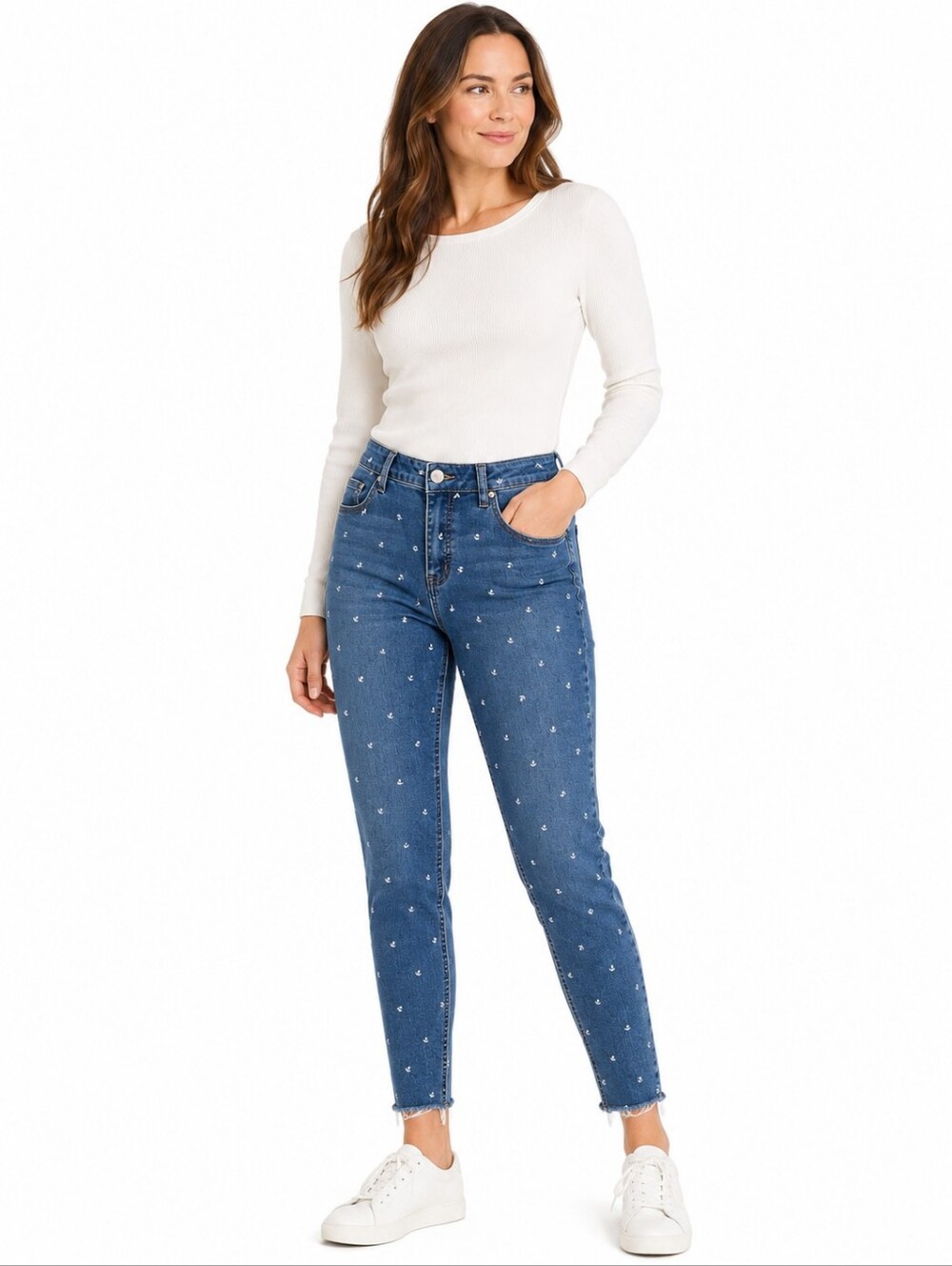 Tribal Jeans Ankle Jegging Blue Anchor Print Raw Hem Stretch Jeans Women's 10